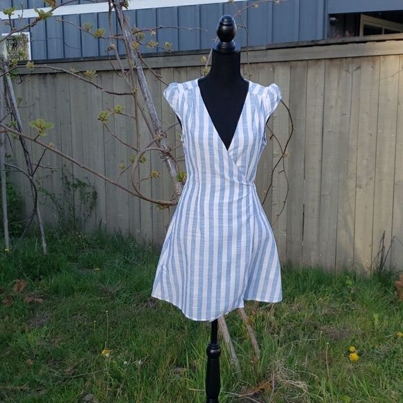 Blue & White striped wrap dress -Small - Picture 2 of 6